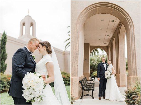 Beautiful artisan hanging orchid bride bouquet for wedding at the Newport beach, California temple