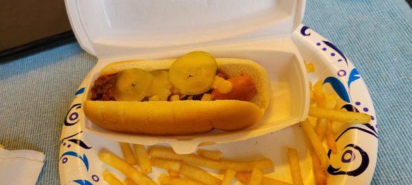 Mr. Hot Dog  Coney + and fries.