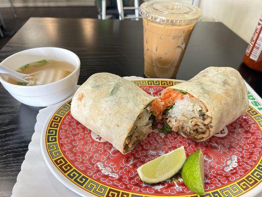 Phorrito (pork) and Vietnamese iced coffee. Soup was complimentary