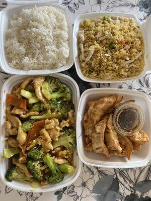 Chicken & broccoli, chicken fried rice & fried dumplings