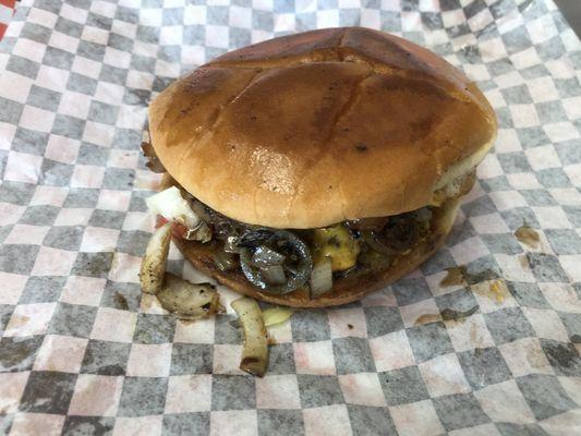 Double bacon cheese with grilled onions and jalapeños