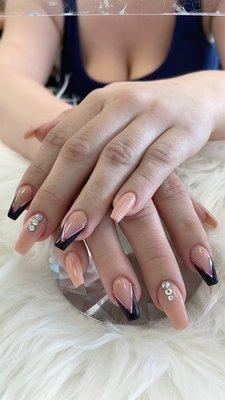 Medium length, Coffin, two-tone powder nails, with jewels.