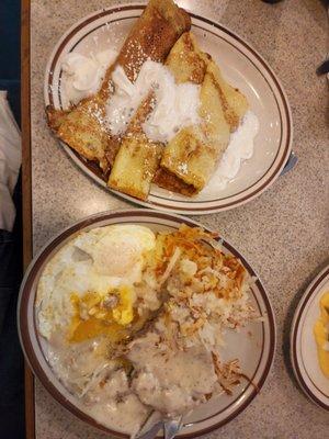 Country fried steak with hashbrowns and the Strawberry Crepes