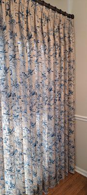 Aviary toile pattern material, euro triple pinch pleat, regular weight liner, left draw patio  door drape.