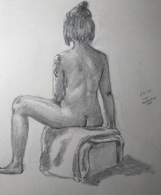 Model seen from behind, sitting down, straight back for 30 minutes. graphite pencils on 14X17 paper.