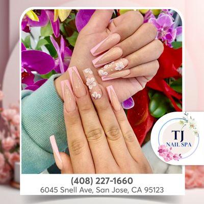 Elegant and feminine with these pastel pink nails and cute 3D flowers!  Visit TJ Nail Spa to get this sweet and lovely nail design