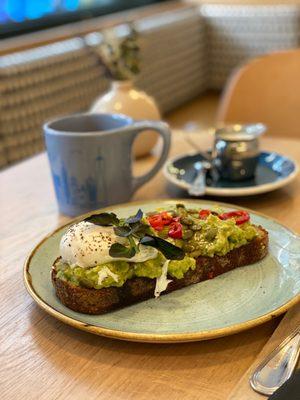 Avocado toast with poached egg and black coffee.