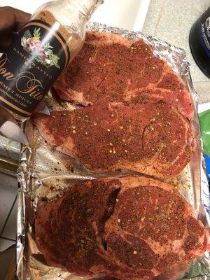 My friend's dad has his own line of seasonings. Used it on these ribeyes.