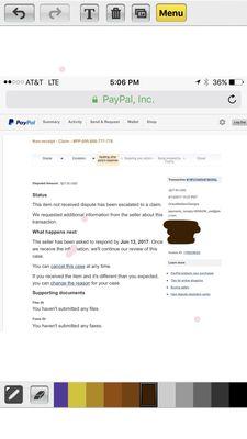 Here is the paypal claim that the seller claims I didn't file because "I paid directly thru etsy & not paypal"