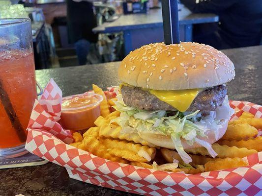 The delicious Cheese Burger w/ American Cheese and no Pickles, extra love for the shredded lettuce!