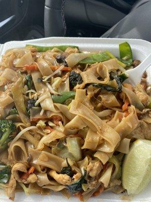 Pad Kee Mao/spicy version of Drunken Noodle. With chicken and extra veggie