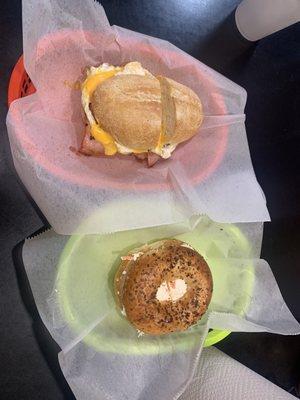 Jersey breakfast sandwich and onion bagel with veggie cream cheese! Delicious!