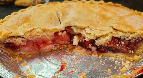 Fruit of Forest pie. Delicious! Apples, rhubarb, strawberries, raspberries, blackberries.