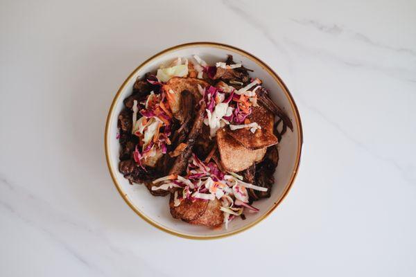 Pulled Pork Potato Chips (GF, DF) // cherry red wine braised mangalitsa pork, red skin potatoes, pickled mustard seeds, slaw, hot honey