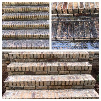 Brick-steps soft wash: before, middle, and after