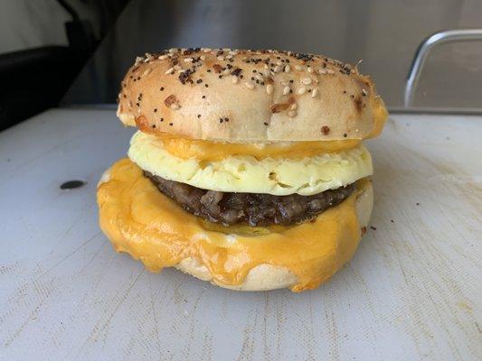 Egg Classic with Sausage on an Everything Bagel.