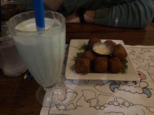 Mac and cheese bites and Oreo mint milkshake