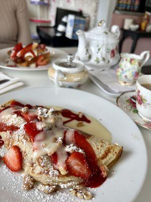 Crepe with pot of Hot Tea and Stuffed French Toast