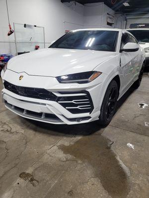 Lamborghini Urus in for window tint and paint protection film.