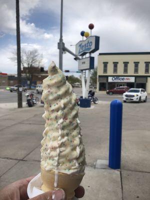 Cone dipped in cake batter