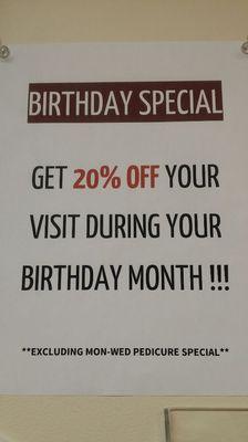 On your birthday month, come enjoy a day at Iris Nails with 20% off your visit. (**EXCLUDING MON-WED PEDICURE SPECIAL**)