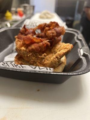 Fried Chicken sandwich with Bacon and baked beans. DELICIOUS