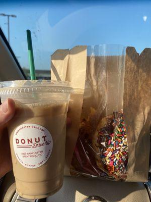 Cold brew and sweet cream, chocolate sprinkle donut and an old fashioned donut.