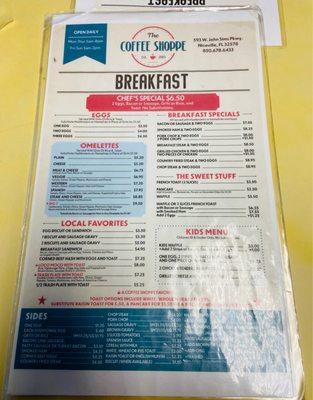 The Coffee Shoppe breakfast menu