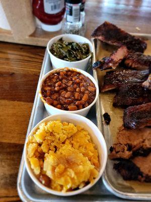 Judge's sampler sides +1: collard greens, baked beans, corn pudding