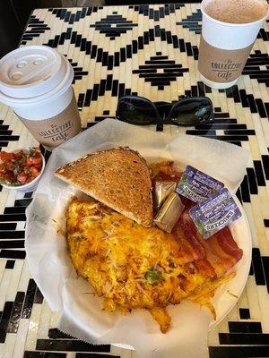 Build your own omelette with peppers & onions with ham and a side of bacon and wheat toast! YUMM