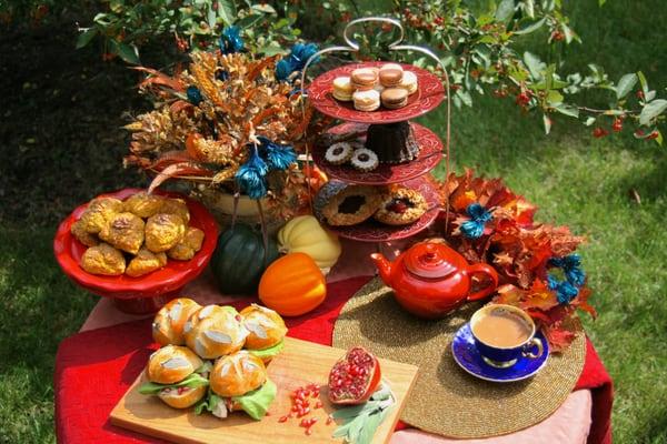 beautiful #fall spread: pumpkin scones, turkey sage pomegranate tea sandwiches and various fall inspired desserts and teas #nom