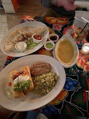 Chicken quesadilla, chimichangas, queso dip