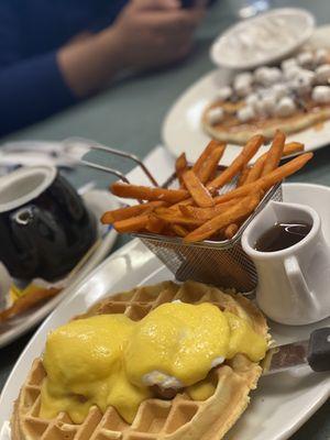 Waffle Benedict with sweet potato fries