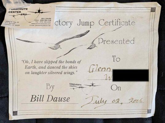 "Introductory Jump Certificate" from the Skydive Lodi Parachute center