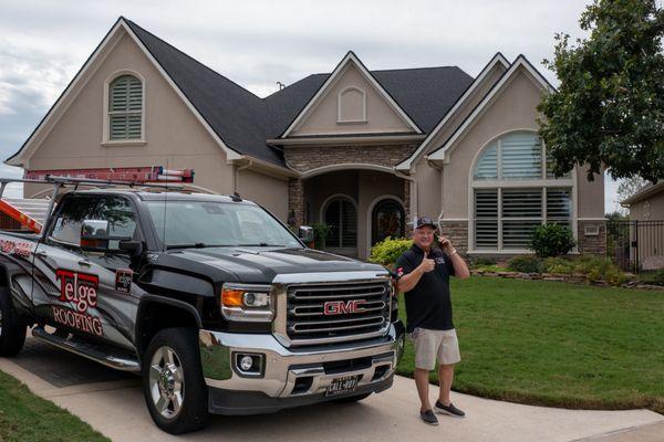 Roy Campbell, Owner of Telge Roofing, by GAF Timberline Lifetime Charcoal Shingle roof replacement installed by Telge Roofing