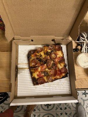 $18 2 topping pizza. This box is a standard SMALL pizza box. Please note the 2oz dressing cup sitting next to it for size reference!!