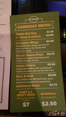 Gameday menu