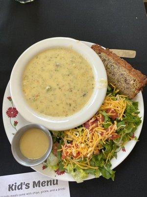 Broccoli and cheese soup and salad