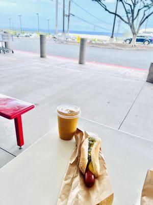 Hot dog & mango smoothie (outside ocean views)