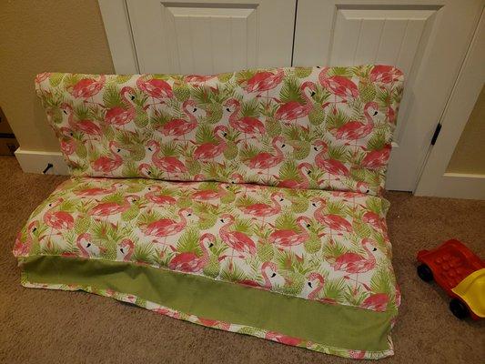 Reupholstered swing cushion. Reused the cushions to save the client money.