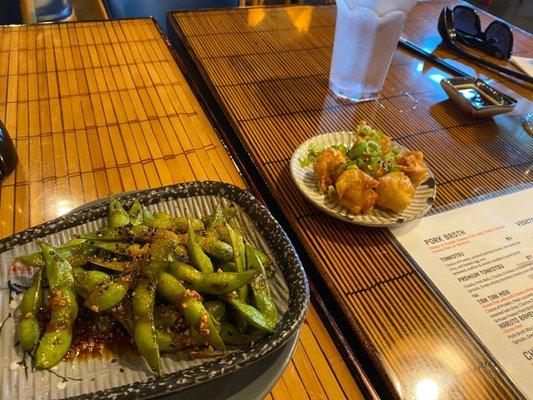 Spicy edamame, shrimp shumai