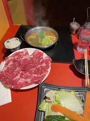 Mildly Spicy Miso Broth, Lamb Plate, Traditional Vegetable Plate, Udon Noodles