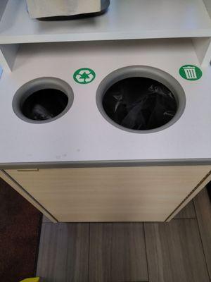 Trash and recycling are the same bin? There is no divider here. There is only one bag that these two openings feed into.