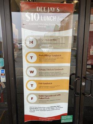 Lunch specials posted on the door as you walk in . . .