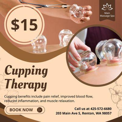 Cupping Therapy   $15

Cupping benefits include pain relief, improved blood flow, reduced inflammation, and muscle relaxation.