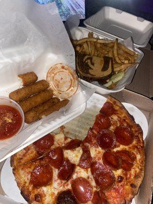 Mozzarella Sticks, Pedroli Pastrami Reuben, pepperoni 1 Topping Pizza