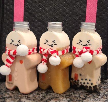 Strawberry Milk Tea, Winter Melon Milk Tea, and Gingerbread Milk Tea all topped with Milk Foam