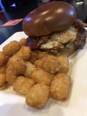 Breakfast burger and tater tots