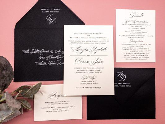 Flat, Thermography, Letterpress or Foil Stamping, Guest Addressing, Colored Envelopes and more!