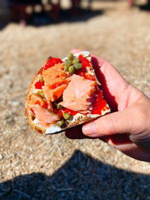 A toast I made from my order of smoked salmon and salad with capers, pepper jam, whipped cream cheese